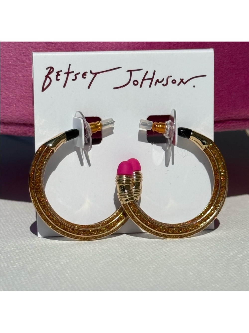 Betsey Johnson Gold Glitter Hoop Earrings with Pink Accent